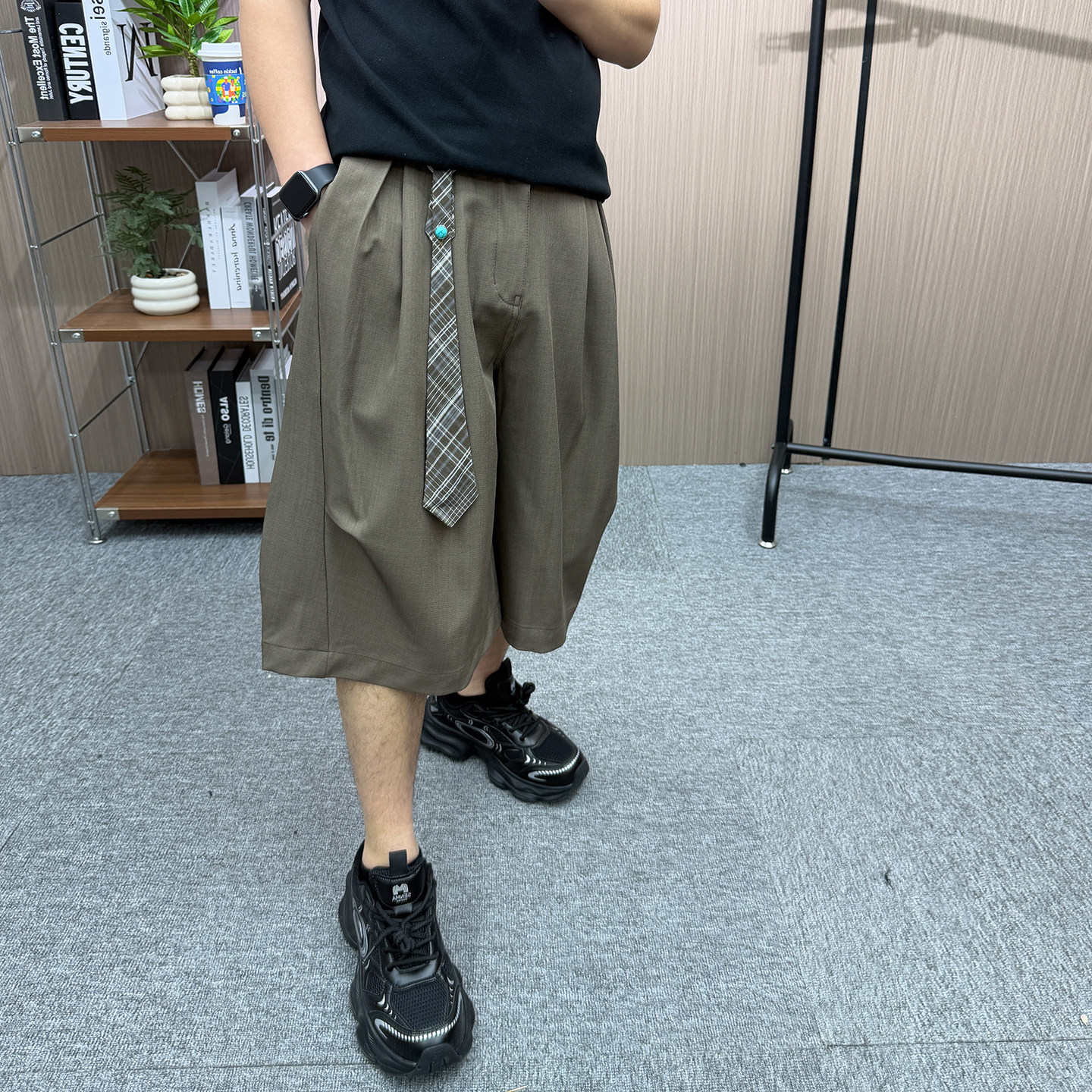 地卜师 美式复古宽松六分打褶西装裤夏季百搭潮男日系休闲短裤