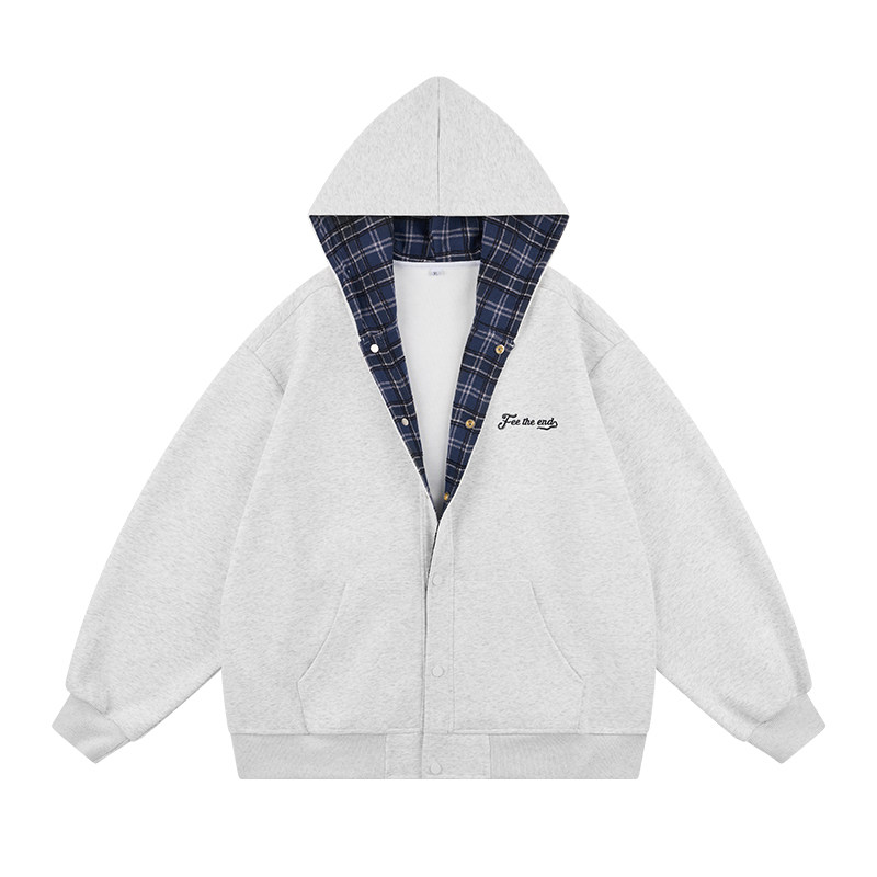 地卜师 嘻哈潮复古格子拼接开衫连帽卫衣设计感宽松美式外套男女