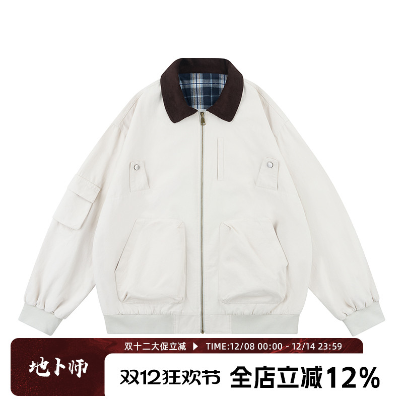 地卜师 美式复古工装外套男春秋季潮牌短款哈灵顿夹克翻领棒球服