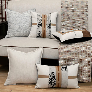 高档新中式现代沙发抱枕山水画靠枕宋式美学竹叶茶室靠垫国风腰枕