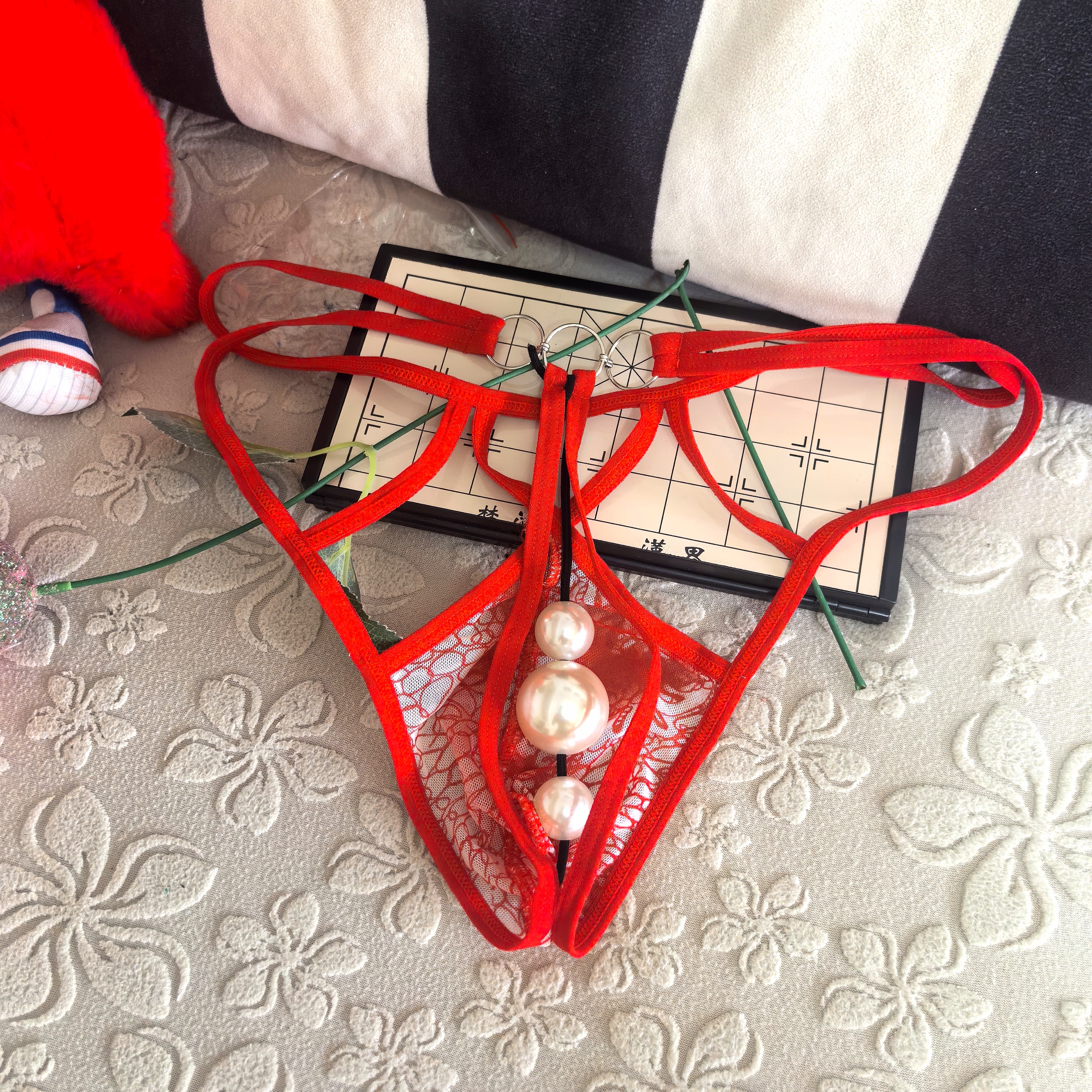 男士性感蕾丝仿珍珠丁字裤火辣T裤按摩3厘米珠子私密新鲜玩法穿戴