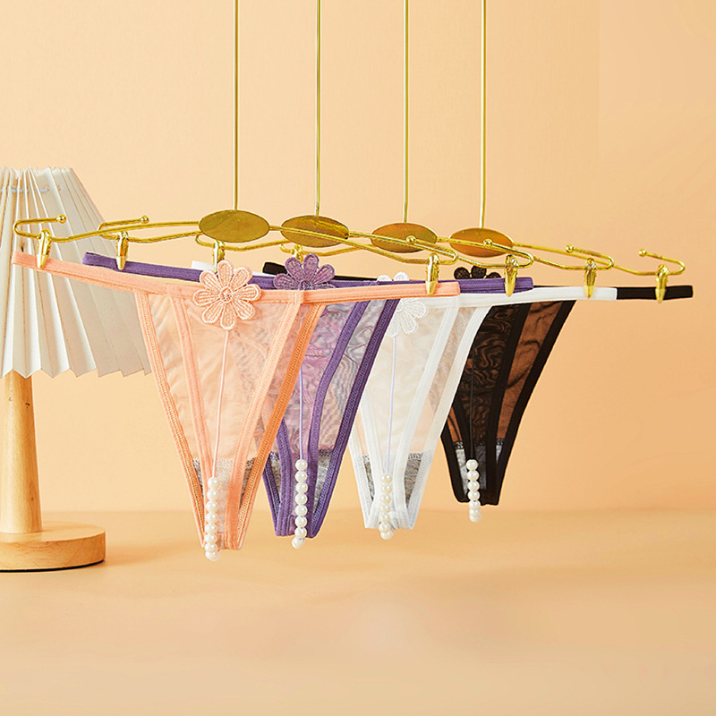 女士丁字内裤时尚刺绣小雏菊性感诱惑柔软网纱珍珠丁字内裤女1319