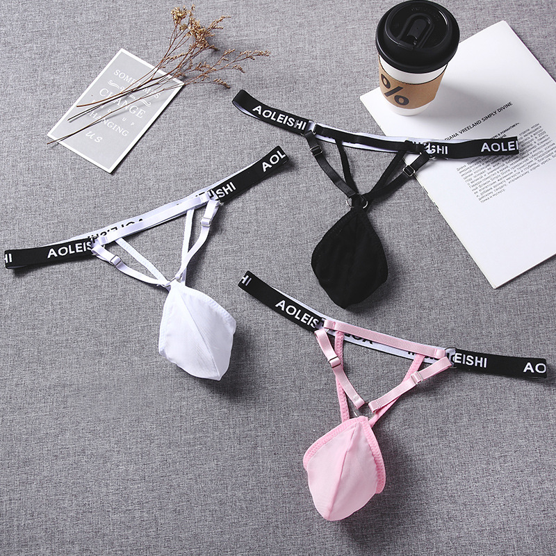 情调新款猛男双丁字裤男士U凸囊袋性感露臀透明网纱低腰T字裤头