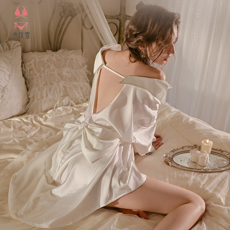 性感冰丝薄纯欲蝴蝶结美背衬衫式男友风宽松舒适情调小资大码睡袍