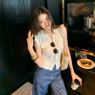 针织开衫 夏季 荷叶边白色无袖 女装 老钱风镂空暗纹显瘦马甲上衣 新款