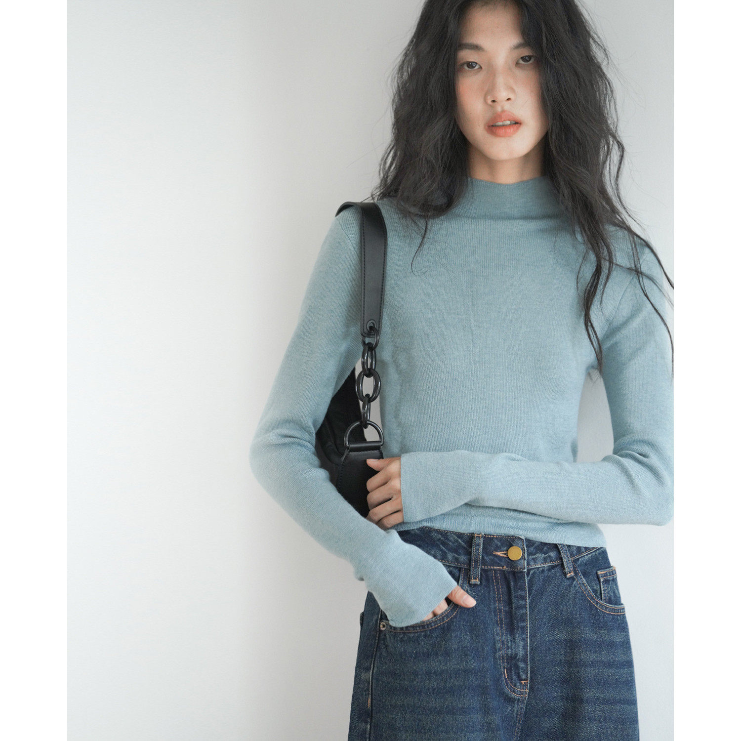 蓝色半高领针织衫内搭打底衫毛衣