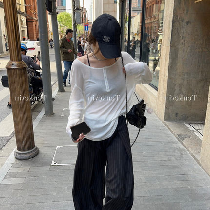 夏季女装荡荡松弛大领口宽松圆领防晒长袖t恤夏天丝薄款休闲上衣