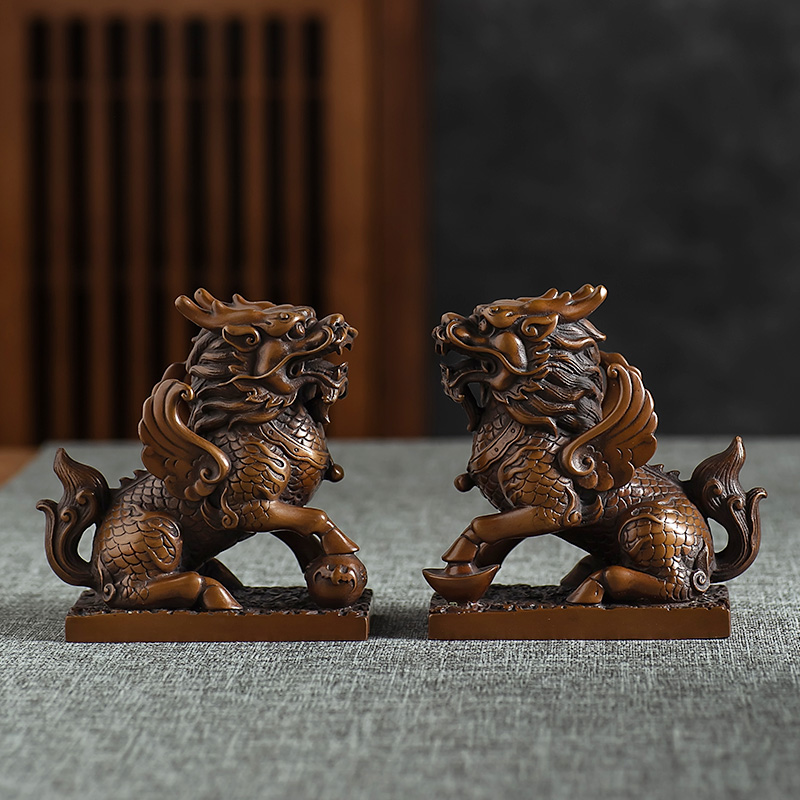 官作紫铜财富麒麟摆件一对