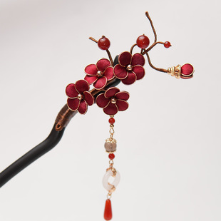 新款非遗绒花发簪新中式发饰中国风头饰复古梅花檀木簪子古风发钗