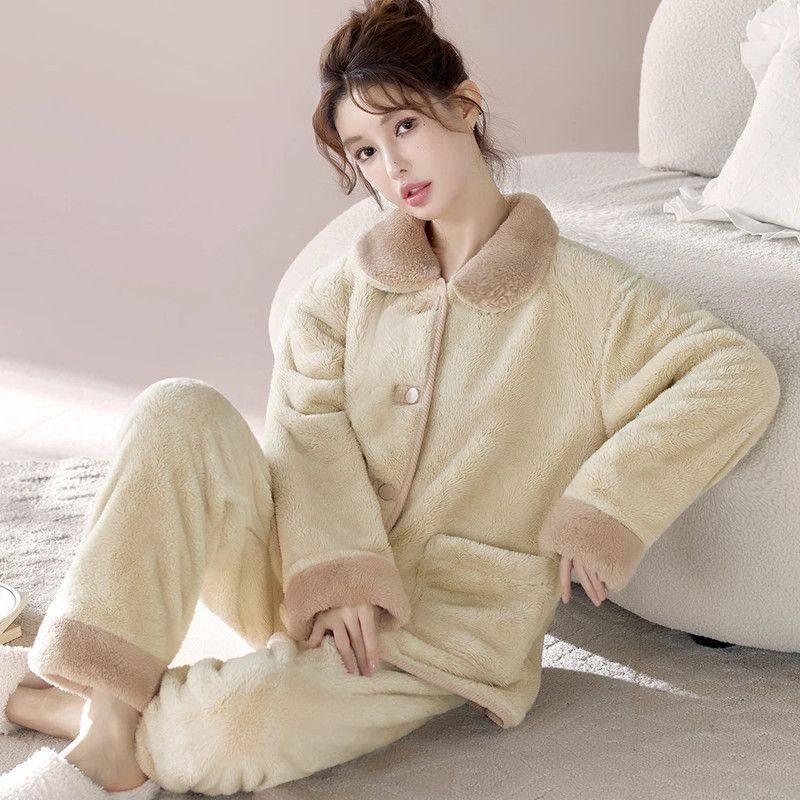 睡衣女秋冬季加绒加厚保暖开衫珊瑚绒家居服套装宽松可外穿法兰绒