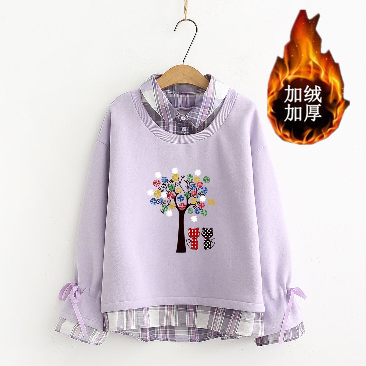 初中女生15岁冬装大童假两件上衣中学生加绒加厚卫衣高中生打底衫