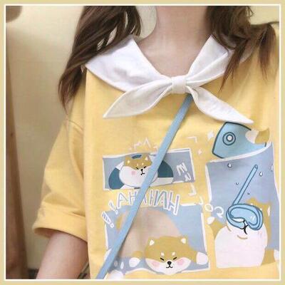 夏季新款日系青少年初中高中纯棉卡通短袖T恤女大翻领可爱学生