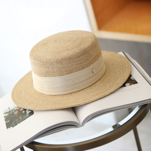 特细拉菲草平顶草帽女法式赫本风小礼帽夏季海边沙滩遮阳防晒帽子