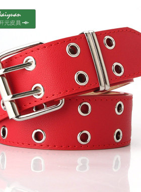 双排扣链条腰带女装饰韩版潮百搭牛仔裤带朋克裤袋个性红色宽皮带