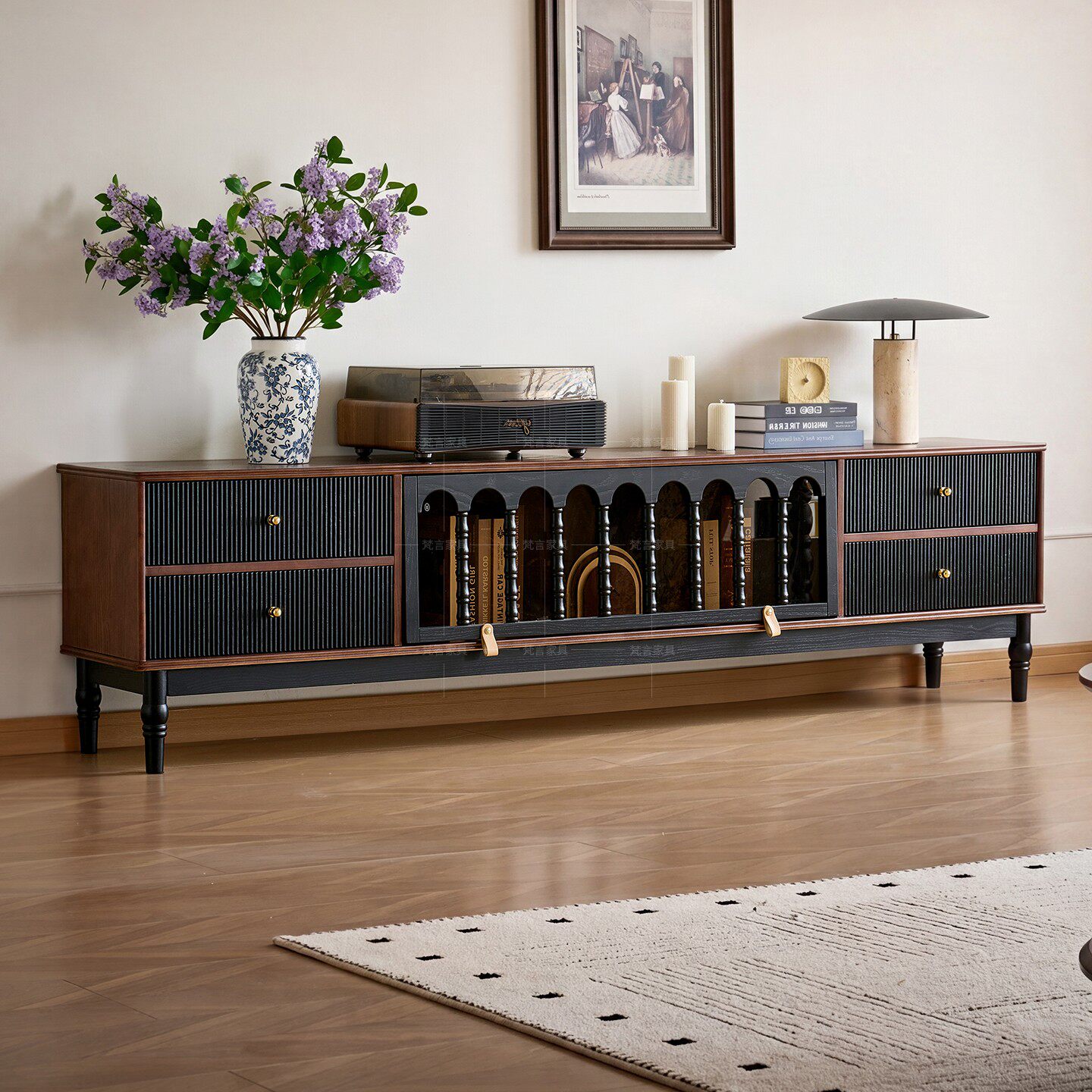 法式复古红橡木电视柜实木中古风客厅电视柜双色复古风电视柜边柜