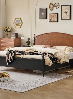 法式复古实木床1米8双人主卧大床红橡木婚床中古风1.5m实木小耳床