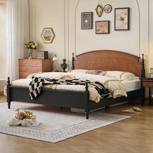 法式 复古实木床1米8双人主卧大床红橡木婚床中古风1.5m实木小耳床