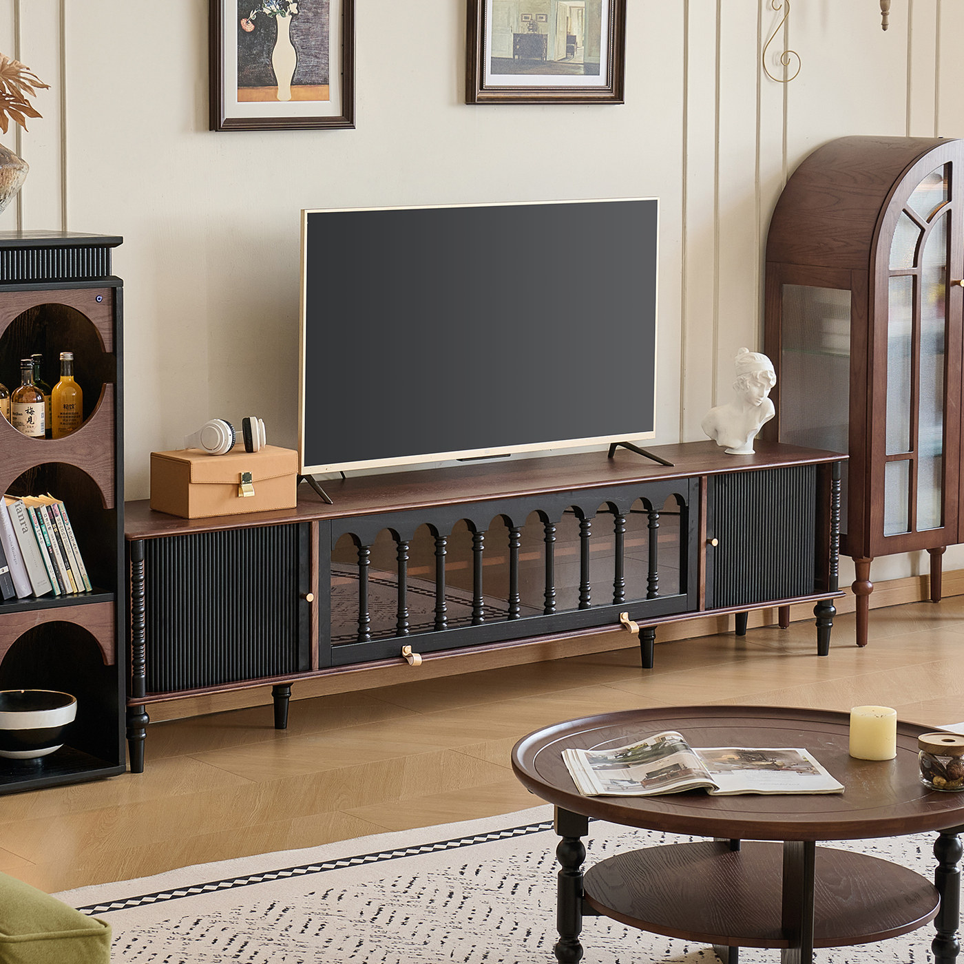 霍格沃茨法式复古实木红橡木落地电视柜中古风客厅收纳储物置物柜