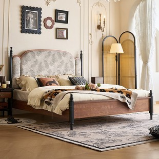 印花软床法式 双人蝴蝶床主卧全实木主卧床 复古床中古风床1米8美式