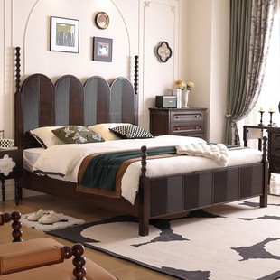 中古风实木床双人樱桃木主卧大床法式 主卧床 复古实木床1.8米法式