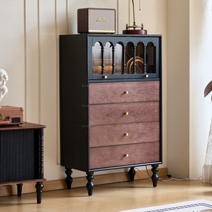 实木斗柜客厅靠墙储物柜卧室收纳柜复古法式 中古风抽屉储物柜子