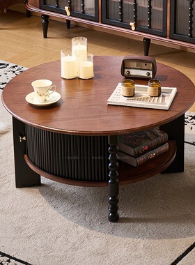 卡罗尔茶几法式复古圆形实木茶几客厅组合家用美式高级茶桌黑色