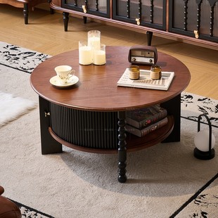 卡罗尔茶几法式 高级茶桌黑色 复古圆形实木茶几客厅组合家用美式