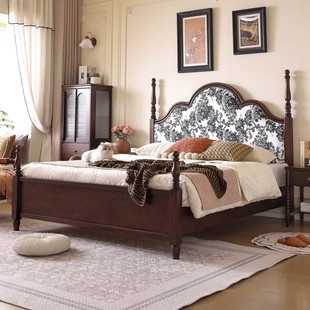 法式 复古主卧大床 复古立柱软包实木床1.8米双人床樱桃木软靠美式