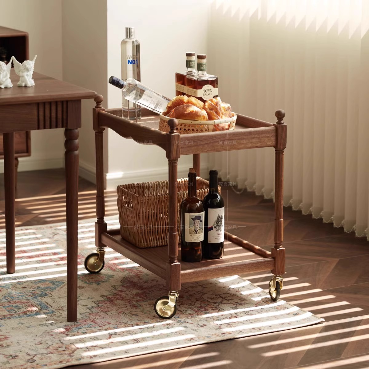 法式复古实木可移动茶几