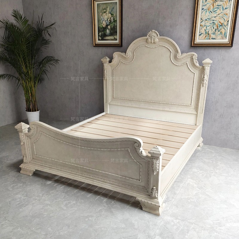 美式复古双人实木雕花做旧床