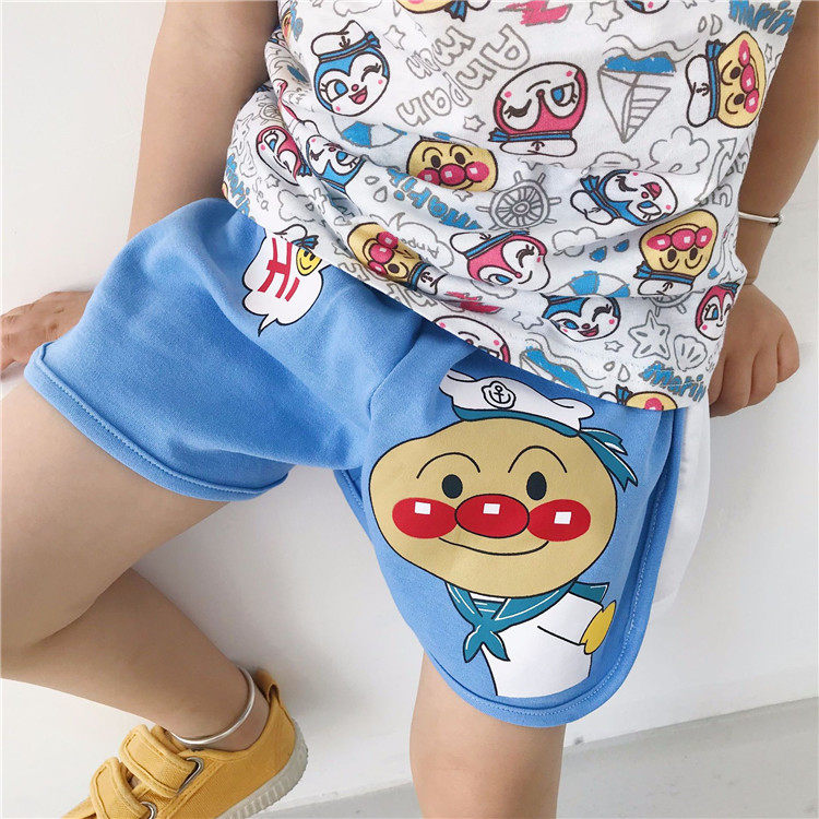 夏男女儿童面包宝宝超人满印海军风纯棉短袖T恤上衣短裤热裤套装