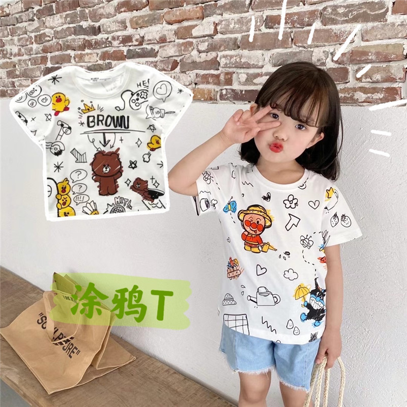夏季新款面包宝宝超人男女儿童涂鸦风印花短袖T恤休闲纯棉上衣
