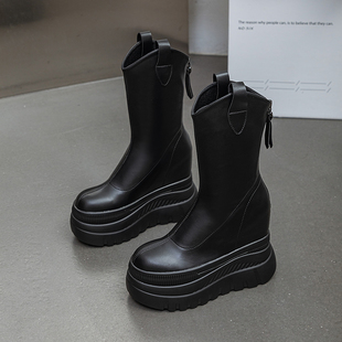 12cm内增高瘦瘦短靴子小个子松糕厚底马丁靴女真皮中筒英伦骑士靴