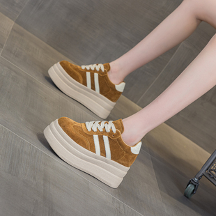 休闲松糕加绒真皮板鞋 小个子9cm厚底内增高德训鞋 女2025秋冬新款