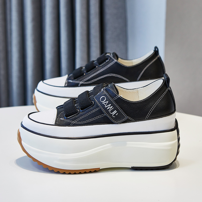 魔术贴真皮松糕小白鞋女厚底休闲