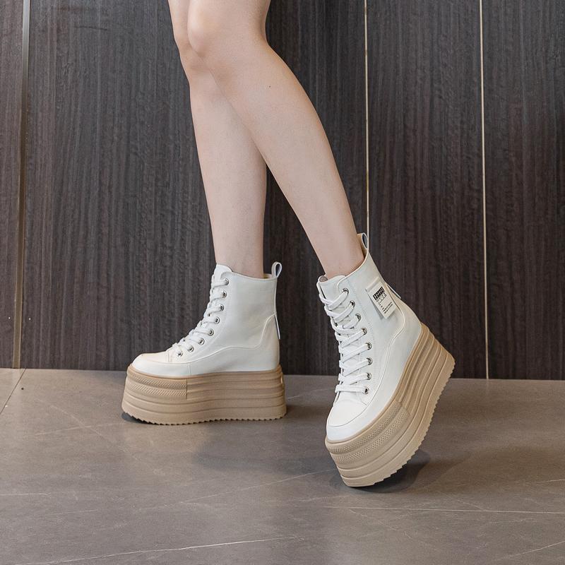 拼色真皮厚底内增高马丁靴10cm