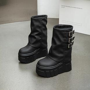 超高跟14cm裤管靴内增高厚底堆堆靴女秋冬加绒小个子松糕中筒靴子