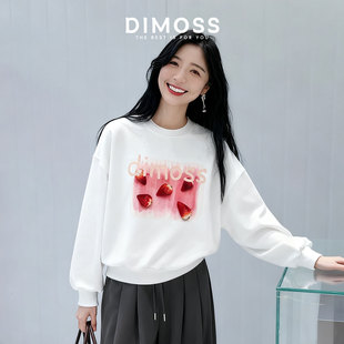 白色重磅韩系圆领卫衣女2025新款宽松加厚无帽印花长袖通勤上衣