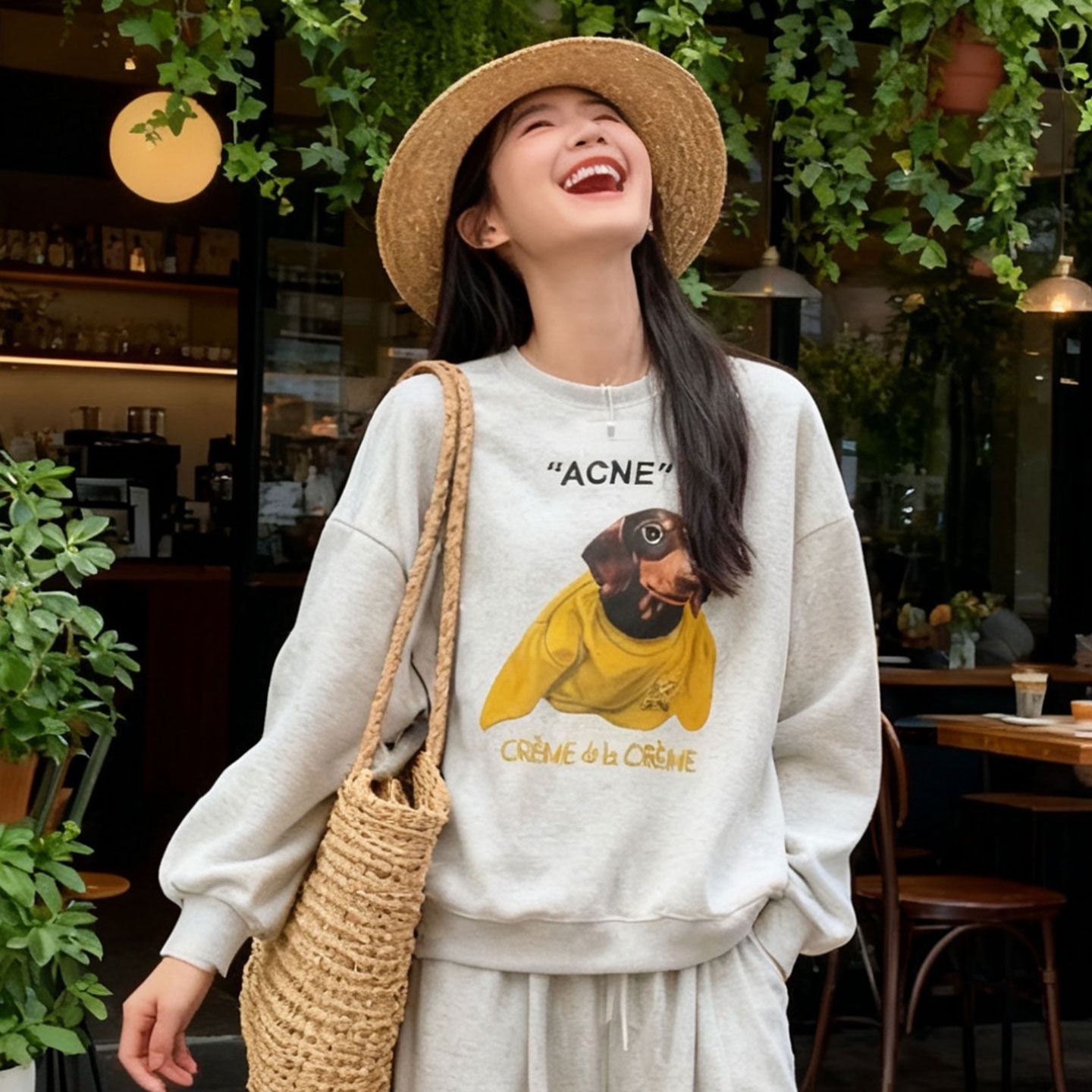 韩国东大门宽松显瘦百搭卡通印花卫衣420g重磅女休闲圆领上衣潮