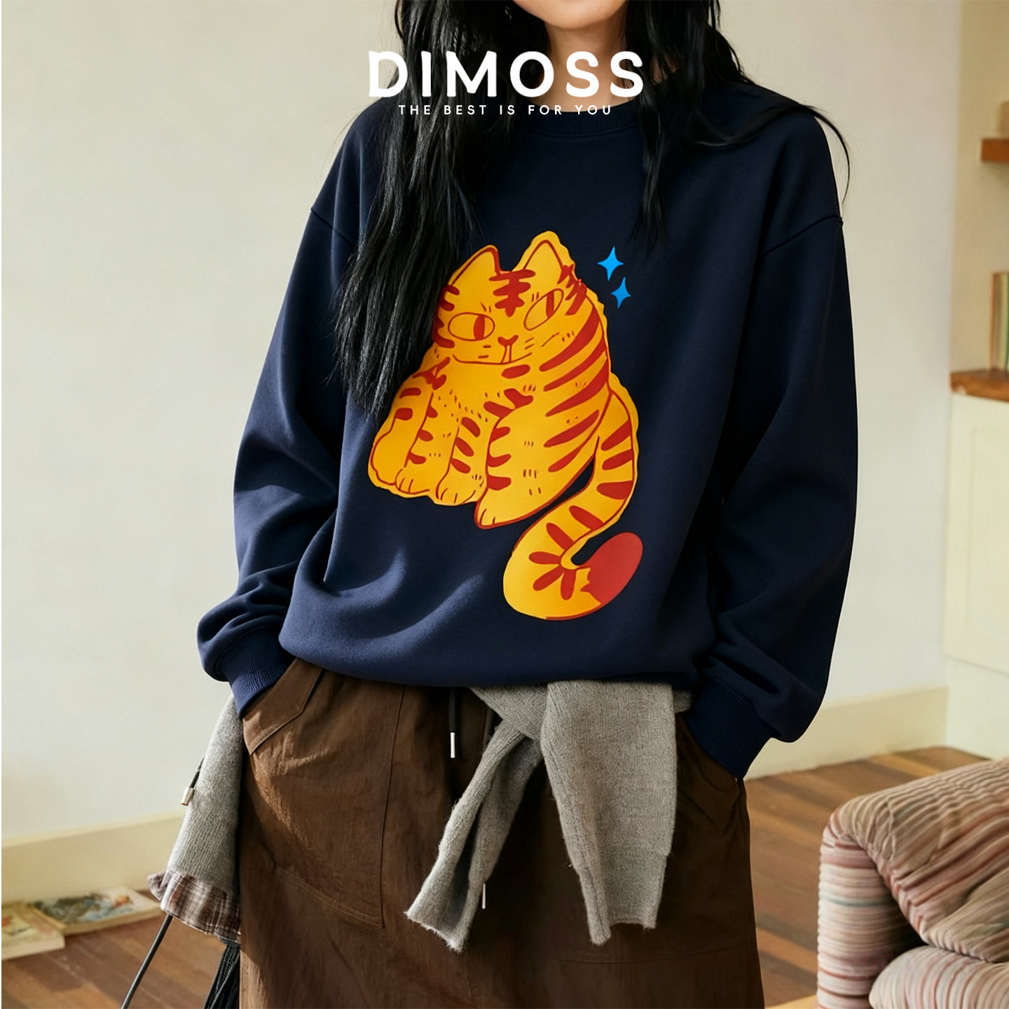 2025年韩版秋冬季百搭时髦宽松高级小众设计感圆领套头加绒卫衣女