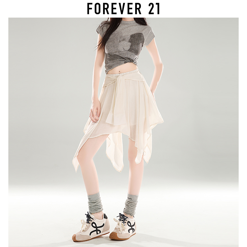 Forever 21高腰冰丝凉感半身裙女夏季新款绑带宽松A字休闲短裙