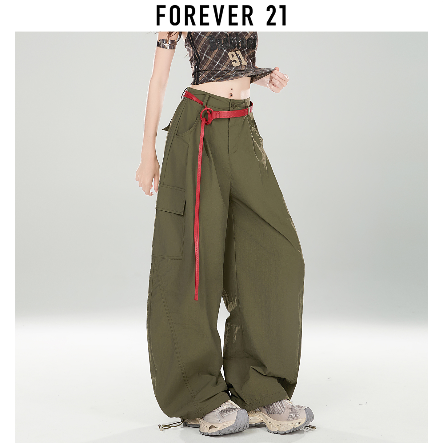 Forever 21复古军绿色弯刀休闲裤女夏季新款高腰宽松小个子阔腿裤
