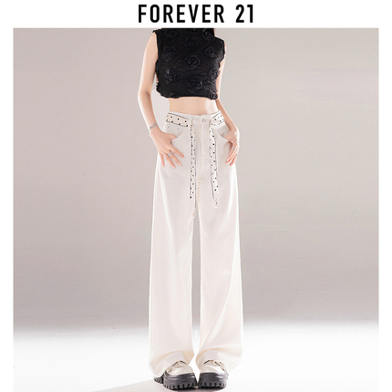 FOREVER 21高腰阔腿丝巾款牛仔裤女2024夏季宽松百搭直筒拖地裤子