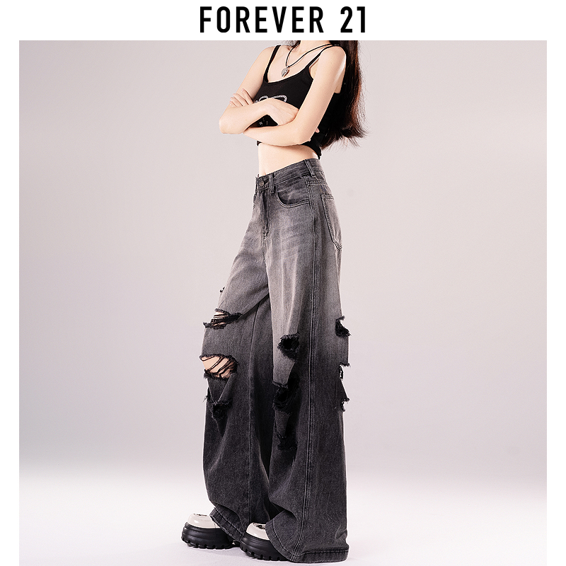 Forever 21黑色破洞阔腿牛仔裤女渐变高腰宽松直筒拖地裤夏季新款