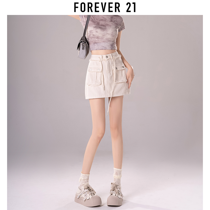 Forever 21美式工装半身裙女高腰辣妹A字牛仔裙米白包臀超短裙子