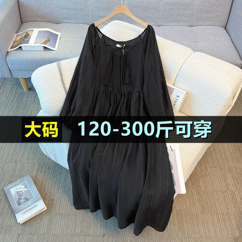 大码女装纯色绑带休闲风连衣裙