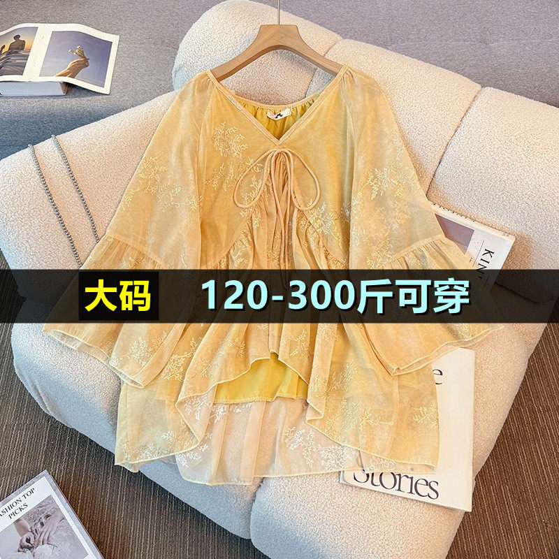 特大码V领荷叶边设计感上衣女