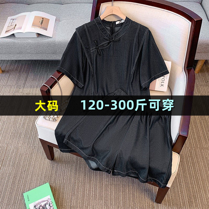 大码新中式国风连衣裙休闲短裤两件套女夏季200斤胖mm300时尚套装