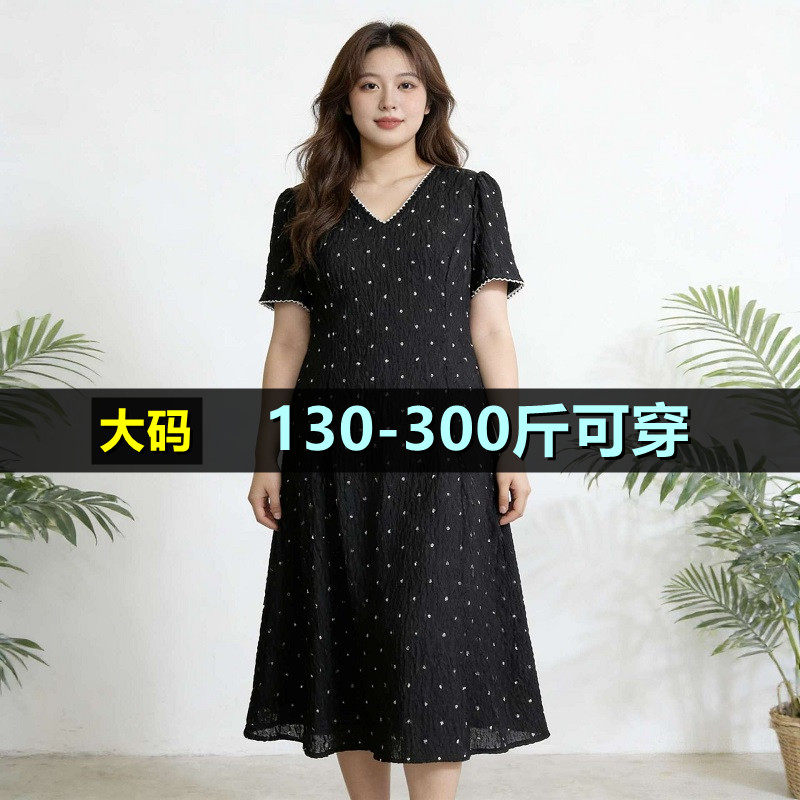 特大码黑色碎花刺绣v领连衣裙