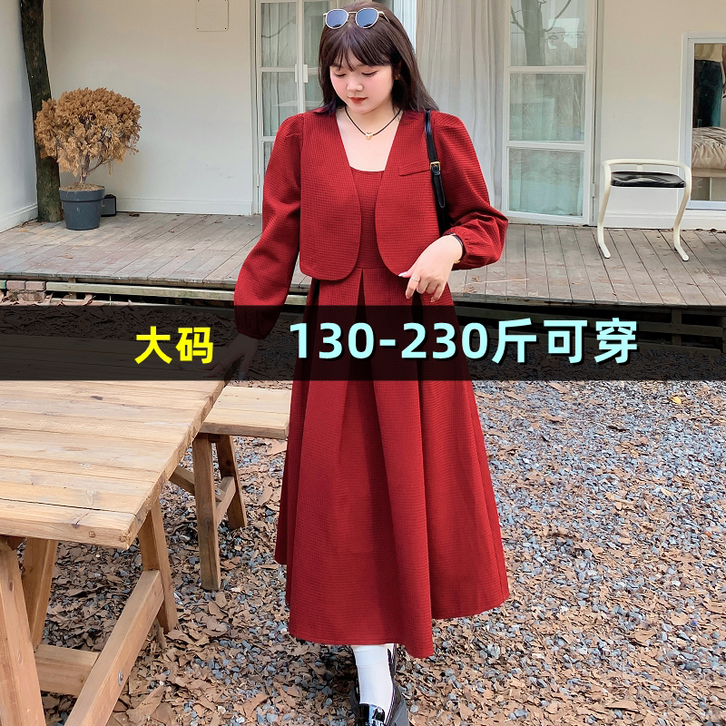 大码红色连衣裙女春200斤胖mm
